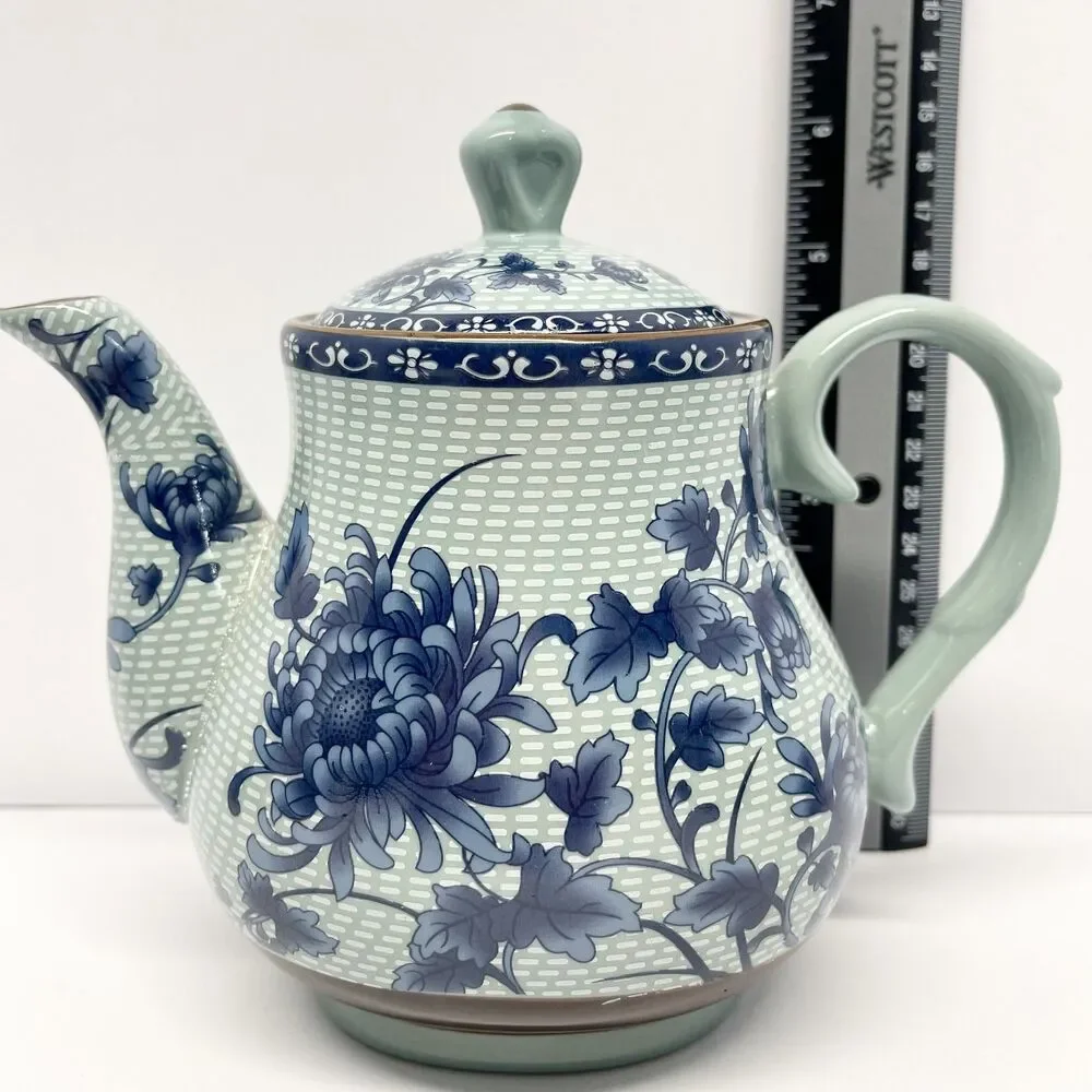 Vintage Bairuxue Art Ceramics Chinese Tea Set Blue Floral on Grey/Green-BOXED
